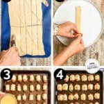 How to make mini pigs in a blanket: 1) cut the dough, 2) roll the sausage in the dough, 3) add egg wash, 4) add seasoning