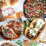6 images of meals that can be made using leftover roast beef.stuffed shells, roast beef sandwiches, loaded baked potatoes, 15 bean soup and fried rice.