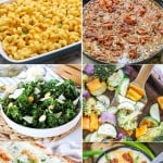 6 images of side dish ideas for brisket. Macaroni, beans, broccoli, carrots, bread and potatoes