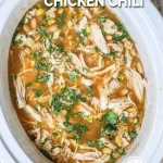 Overhead view of Southwest white chicken chili in crockpot