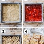 How to make strawberry crumb bars: 1) Make the crust, 2) add the strawberry preserves, 3) add the crumble layer, 4) cut into bars and glaze