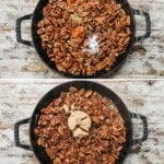 how to make sweet and spicy pecans, 1)add butter to pecans, 2)season, 3) add brown sugar, 4) cook, then cool.