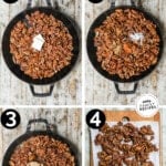 how to make sweet and spicy pecans, 1)add butter to pecans, 2)season, 3) add brown sugar, 4) cook, then cool.