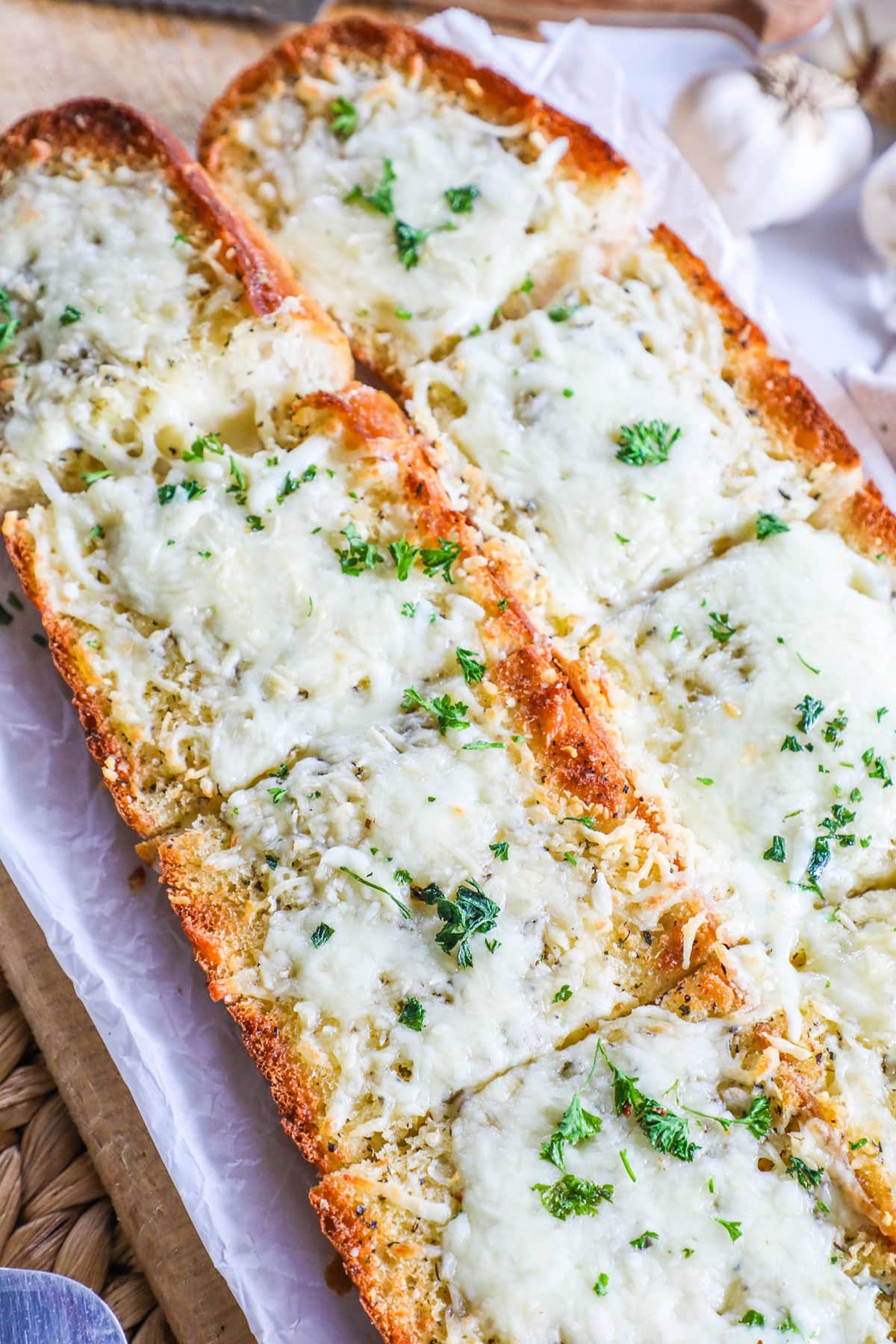 cheesy garlic bread on a pan