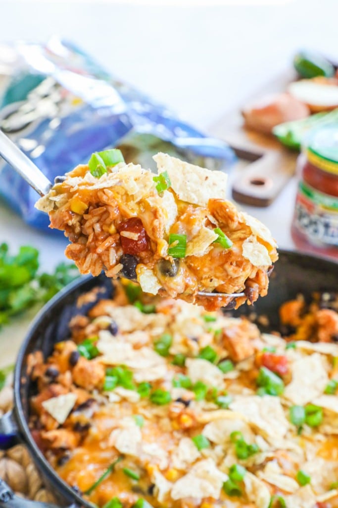 Chicken Burrito Casserole with chips on top