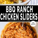 Collage style pinterest photo with Crockpot BBQ Chicken Sliders on top and BBQ chicken in slow cooker on the bottom