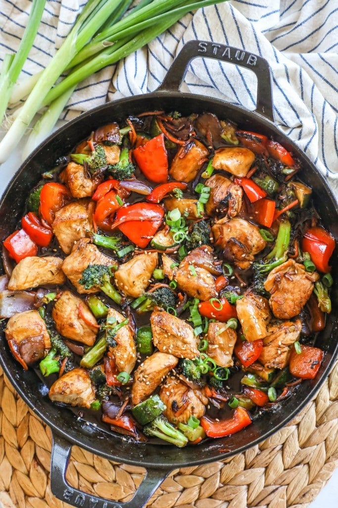 Diced Chicken Stir Fry with Zucchini in skillet