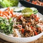 Ground Turkey Teriyaki served over rice with cucumbers and carrots