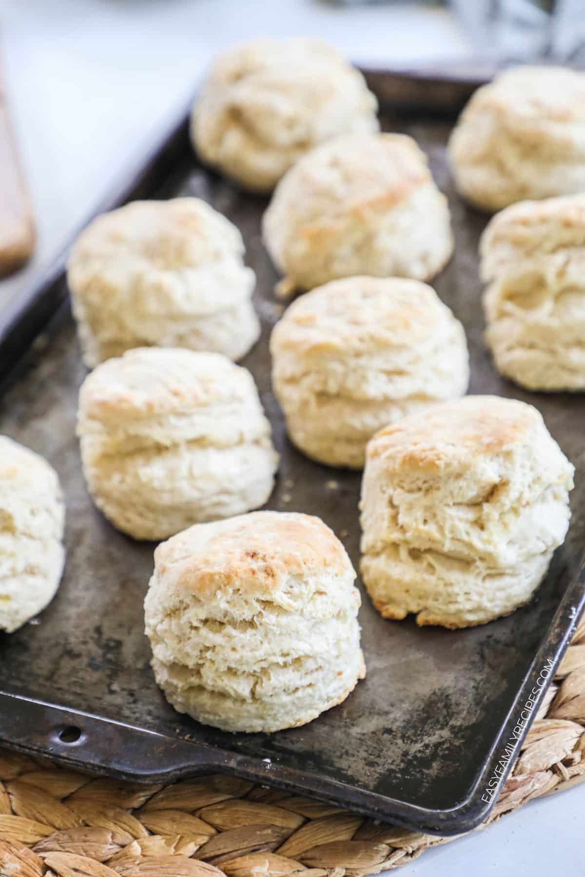 A pan of homemade biscuits made with homemade bisquick.