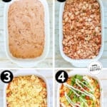 Process photos for how to make chicken taco casserole 1. Spread refried beans in casserole dish. 2. Cover with chicken and salsa