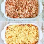 Process photos for how to make chicken taco casserole 1. Spread refried beans in casserole dish. 2. Cover with chicken and salsa