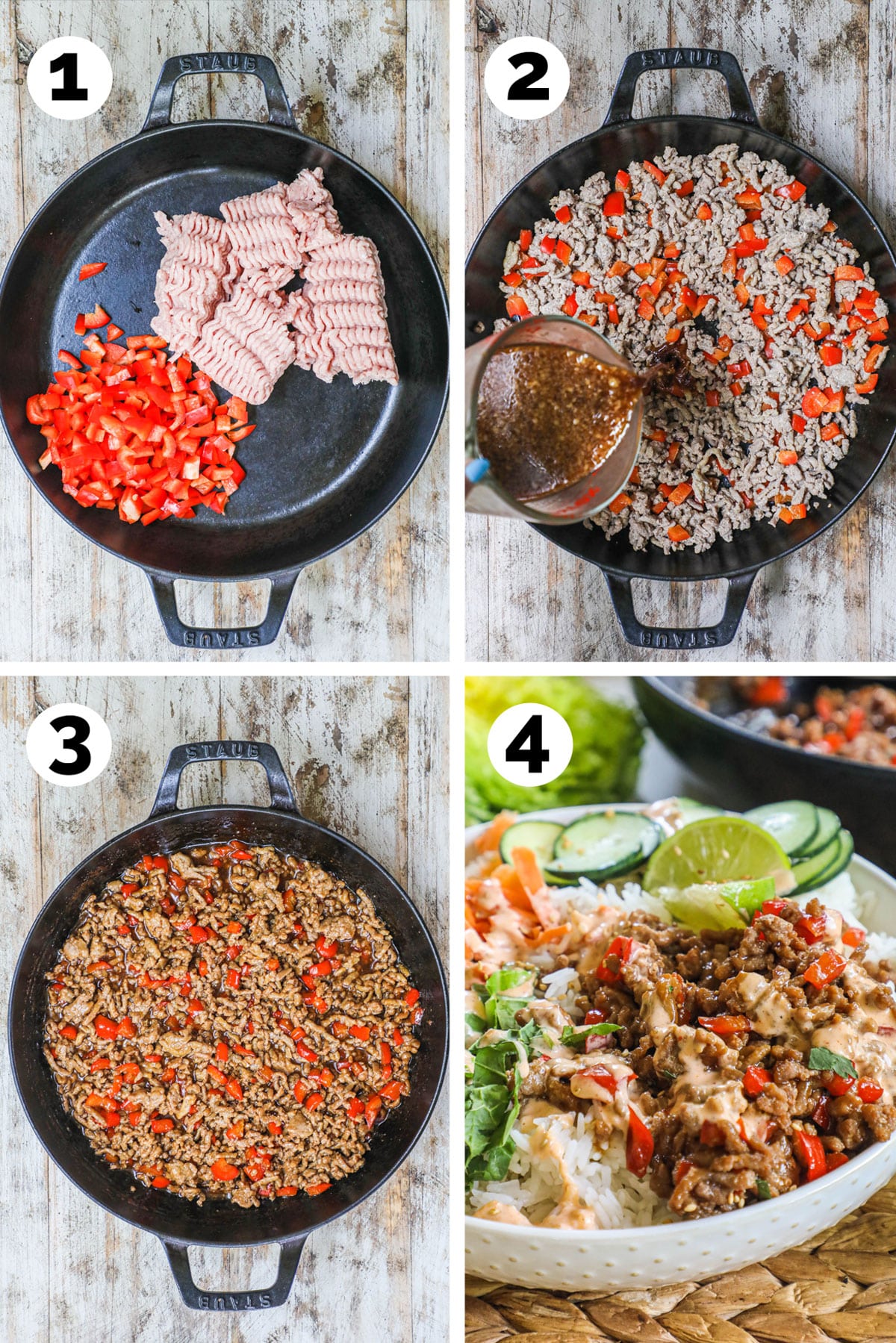 how to cook teriyaki ground turkey 1)brown pepper and turkey 2)add in teriyaki sauce 3)Simmer 4)serve.