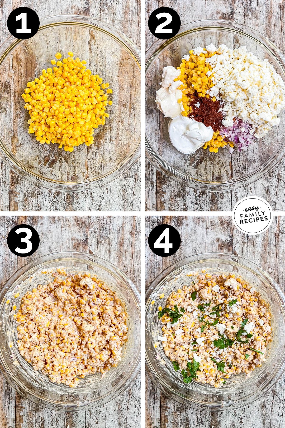 4 image collage making recipe in a bow: 1- corn added, 2-remaining ingredients added on top of corn, 3- after tossing together, 4- queso fresca and cilantro added on top.