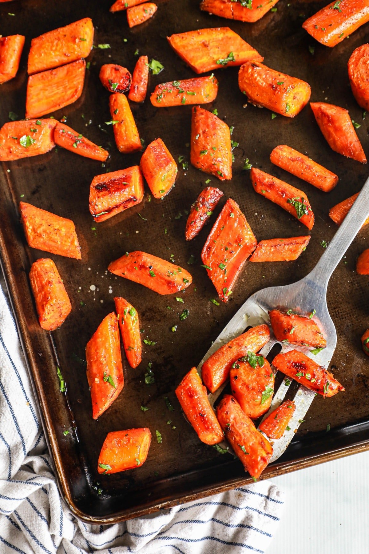 roasted carrots on a baking sheet