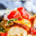 Monterey Chicken Recipe prepared and plated with a bite cut out of it to show tender juicy chicken