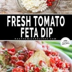 two images of tomato feta dip, one with all ingredients in a bowl and another with a cracker being dipped into a bowl of dip.