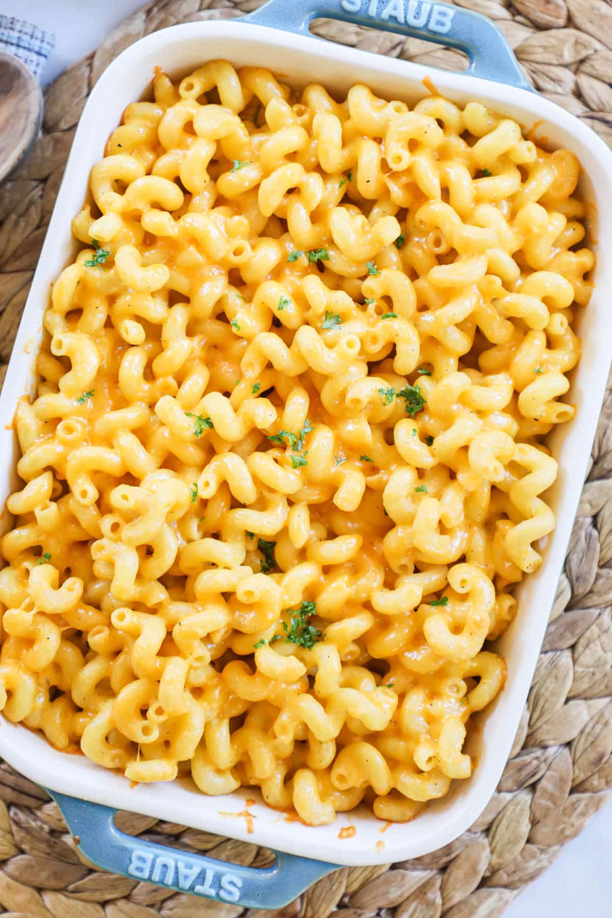 baked macaroni and cheese in a white dish
