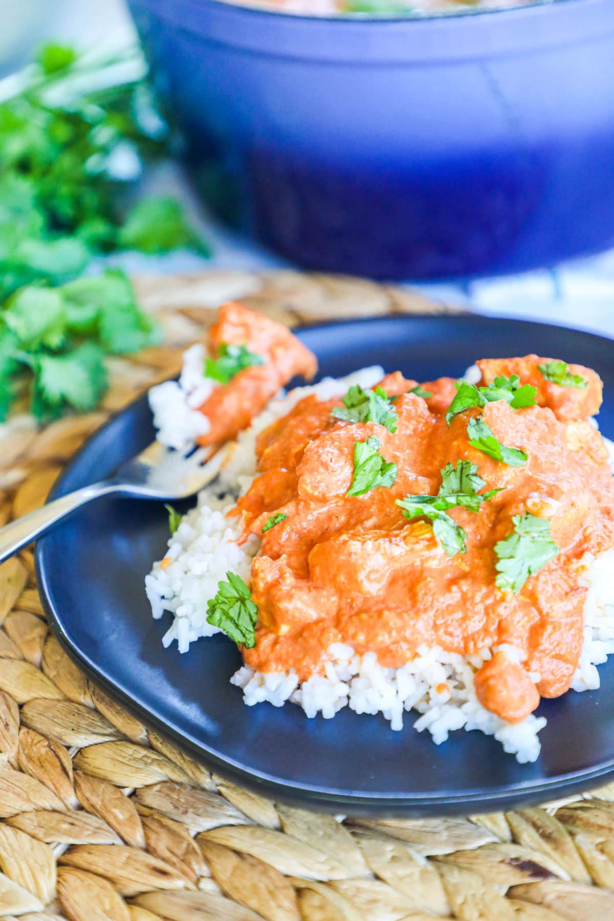 butter chicken on a bed of rice and blue plate