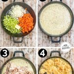 Collage images show how to make cheddar bay chicken pot pie.