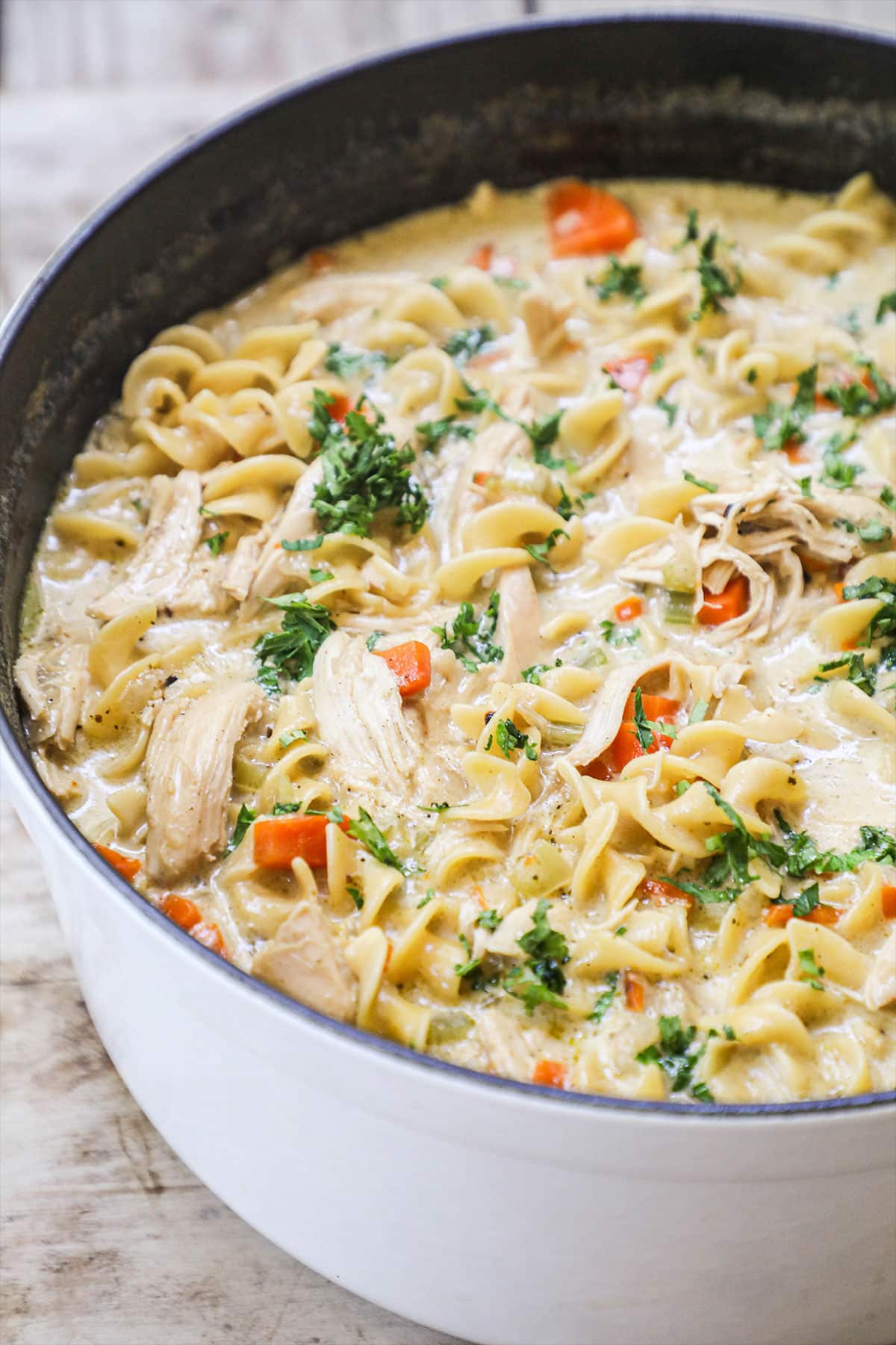 chicken noodle soup in a white pot