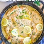 Creamy Chicken Piccata garnished with Lemon and parsley.