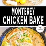 top photo is ingredients to make chicken piccata. a pan of creamy lemon chicken piccata served over pasta.