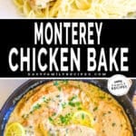 a pan of creamy lemon chicken piccata served over pasta