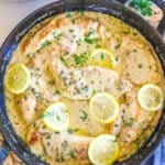 Creamy Chicken Piccata garnished with Lemon and parsley.