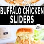 A spoon scooping shredded buffalo chicken from a Crockpot and three sliders with chicken, lettuce, and ranch dressing stacked in a pyramid.
