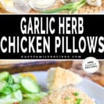 Top photo are ingredients to make Chicken Pillows. Bottom photo is a close up of a chicken pillow so you can see the creamy filling and it is sitting on a while plate
