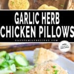 Top photo is of Chicken Pillows golden brown and on a baking sheet. Bottom photo is a close up of a chicken pillow so you can see the creamy filling and it is sitting on a while plate