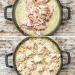 A collage image showing cheddar bay chicken pot pie being made. The top image shows the chicken being mixed into the creamy veggie filling. The bottom view shows the pot pie after the biscuits have been dropped on top.