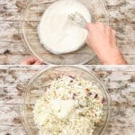 A collage image showing how coleslaw is being made.