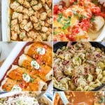 6 images of meals -marry me chicken and tortellini, meatball bake, burritos and a sheet pan meal with chicken and veggies