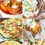 A collage of 4 meals - chili pie, chili hot dogs, jalapeno popper bake, and chili stuffed baked potatoes