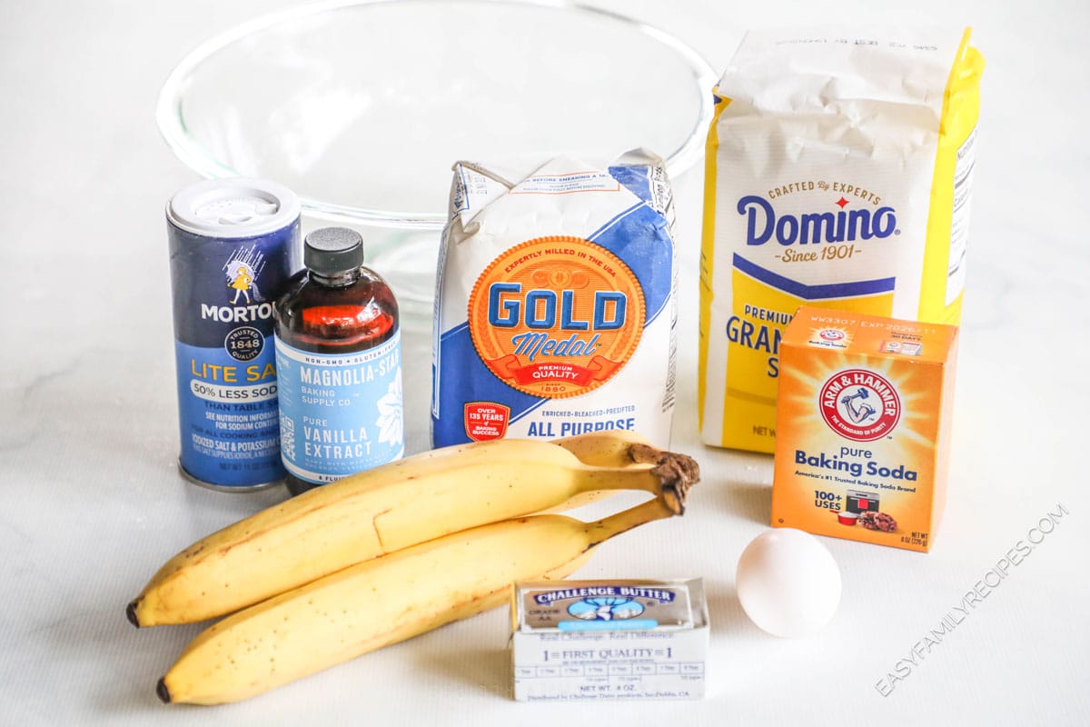 Ingredients for one-bowl banana bread include salt, vanilla, flour, sugar, baking soda, ripe bananas, butter, and egg.