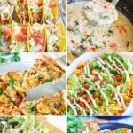 6 images showing recipes you can make with leftover rotisserie chicken. taco chicken casserole, caesar salad sandwiches, butter chicken, bbq chicken pizza, soup and baked tacos