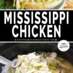 Two images of Mississippi Chicken. Top image is a spoon scooping te chicken out of a crock pot. bottom image is the chicken inside sandwich buns