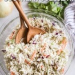 A close-up of classic Southern coleslaw salad with the text "Creamy Southern Coleslaw."