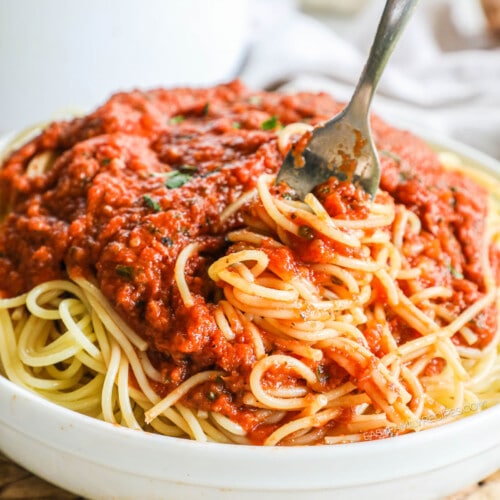 Spaghetti marinara served in a pasta bowl.