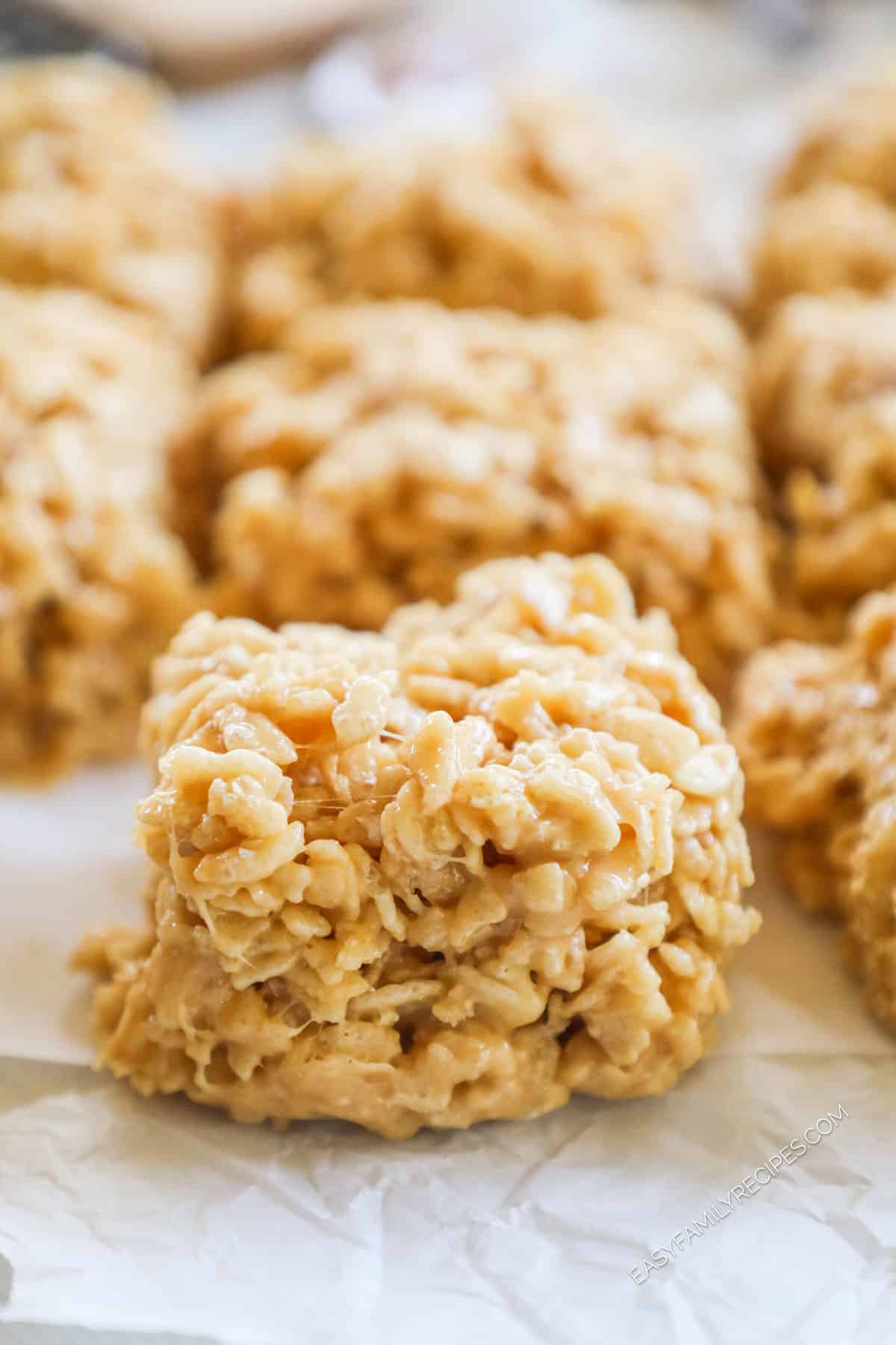 A close up of Salted Caramel Rice Krispie Treats