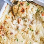 Chicken cobbler in a casserole dish ready to eat.