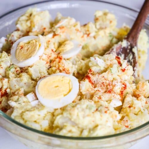 Deviled egg potato salad recipe in a bowl.