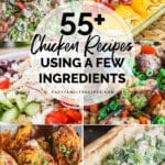 6 images of chicken recipes that use a few ingredients - cajun chicken zoodles, enchiladas, mesquite BBQ chicken, greek chicken salad, caesar salad sandwich and chicken fajita skillet