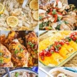 6 images of chicken recipes that use a few ingredients - cajun chicken zoodles, enchiladas, mesquite BBQ chicken, greek chicken salad, caesar salad sandwich and chicken fajita skillet