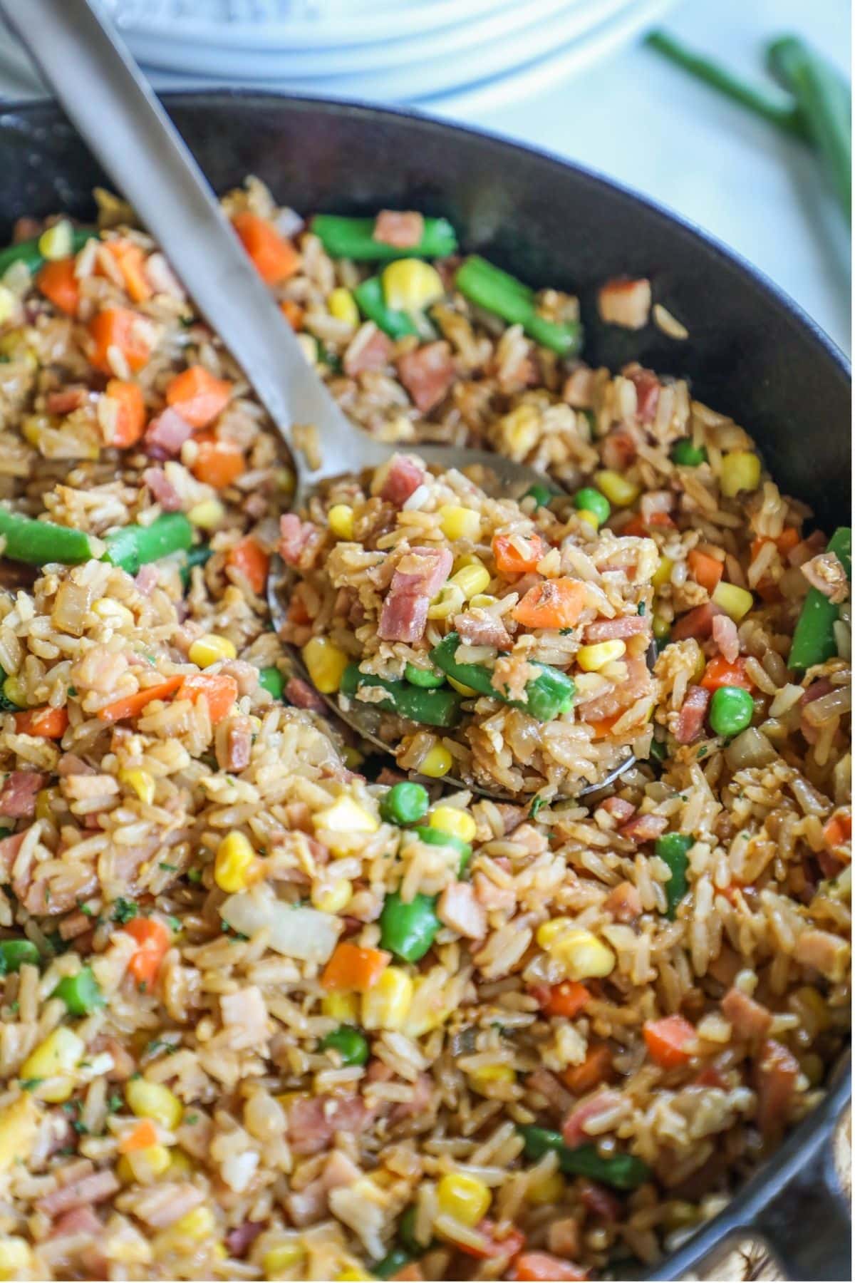 ham fried rice in a skillet