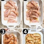 A collage image showing chicken tenders 1) ready to season 2) seasonings added 3) seasonings tossed and distributed and 4) cooked Oven baked chicken tenders with no breading