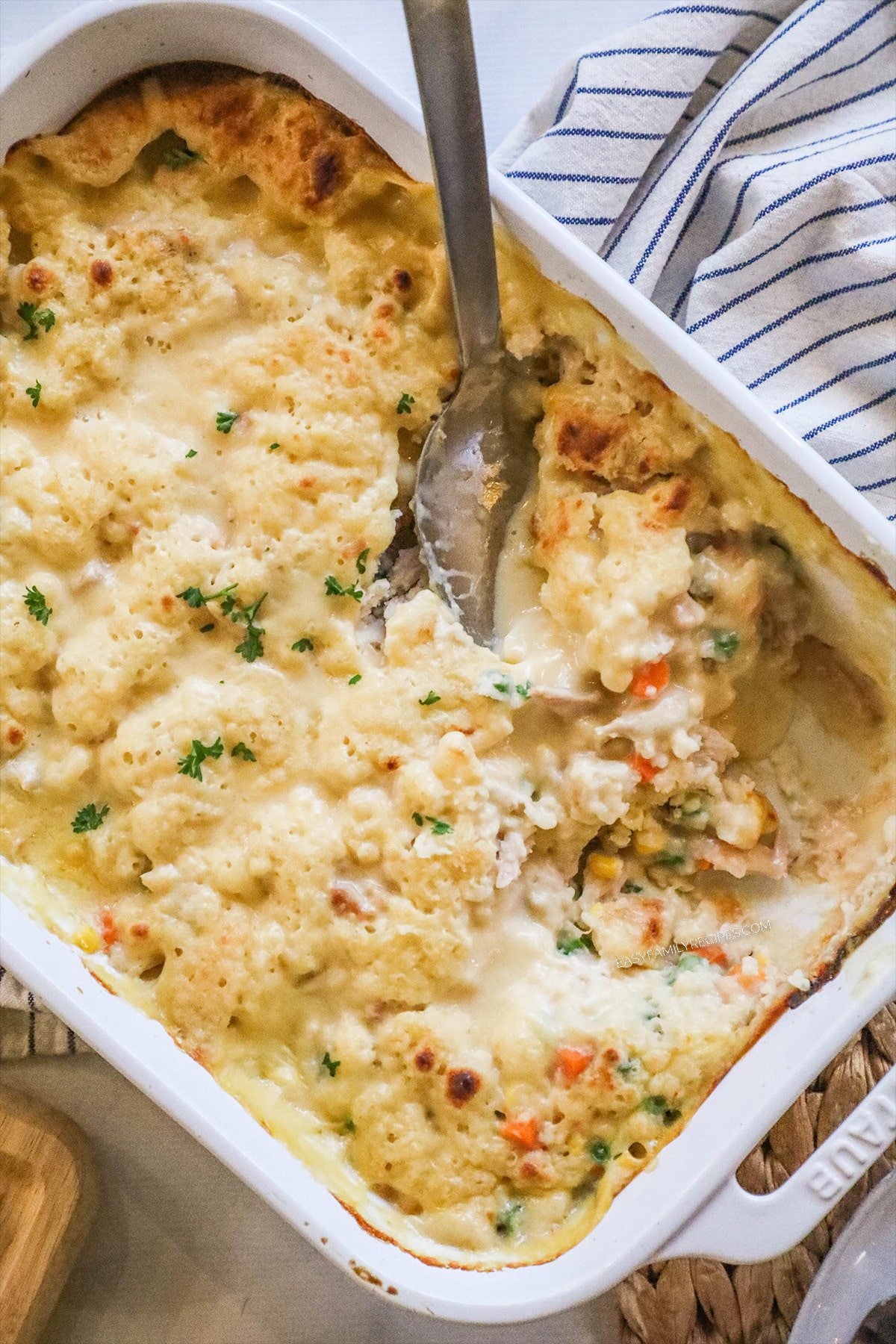 Top view of Chicken Cobbler made with cheddar bay biscuit mix.