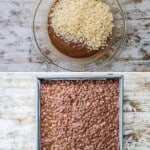 Process photos for how to make homemade crunch bars with rice krispies.