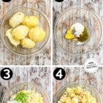 4 image collage making recipe in a bowl: 1- peeled cooked potatoes, 2- mustard, mayo, relish, and spices, 3-chopped veggies added on top, 4- after tossing together.